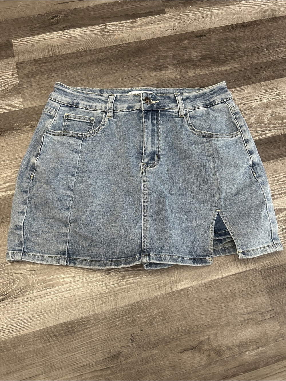 Light Blue Denim Mini Skirt with Front Notch